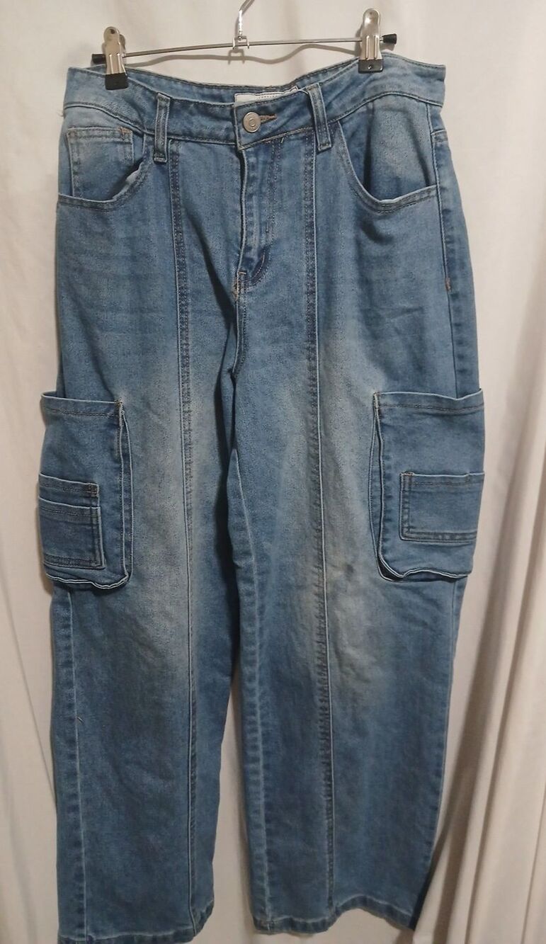 Love Cult blue Cargo Jeans Women's 9 Wide Leg Utility Y2K Streetwear Small Spot